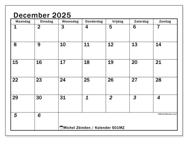 Kalender om af te drukken, december 2025, 501MZ