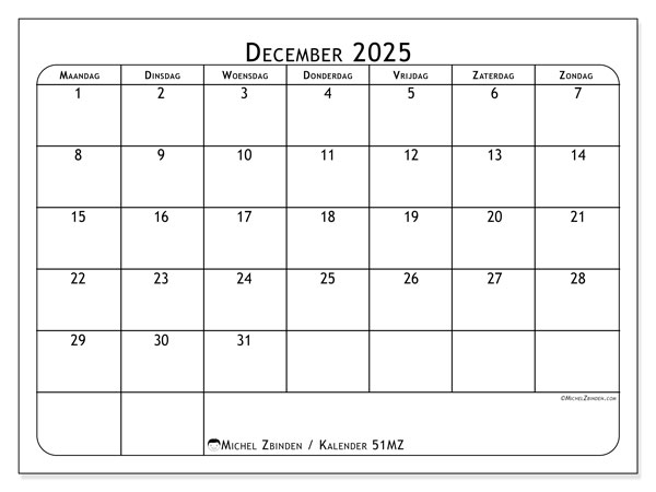 Kalender om af te drukken, december 2025, 51MZ