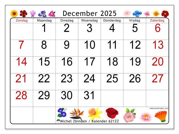 Kalender om af te drukken, december 2025, 621ZZ