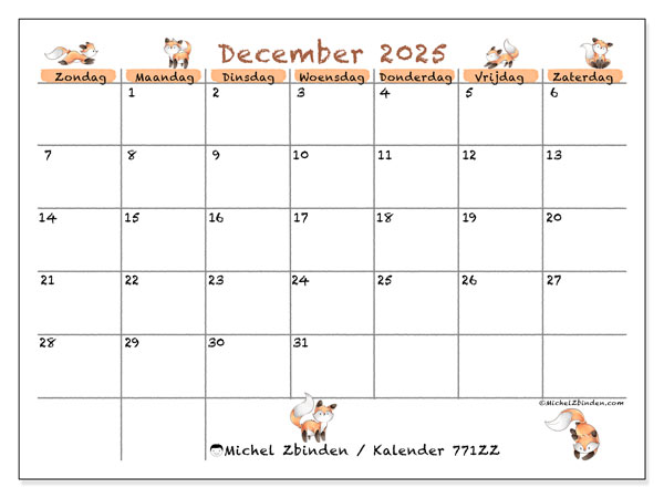 Kalender om af te drukken, december 2025, 771ZZ