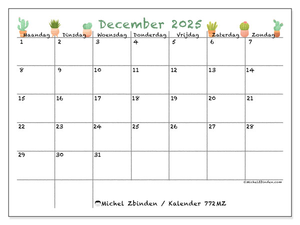 Kalender om af te drukken, december 2025, 772MZ