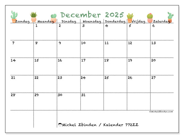 Kalender om af te drukken, december 2025, 772ZZ