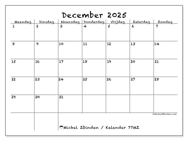 Kalender om af te drukken, december 2025, 77MZ