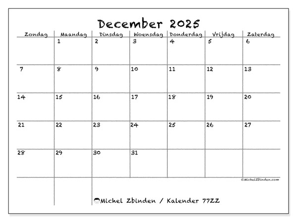 Kalender om af te drukken, december 2025, 77ZZ