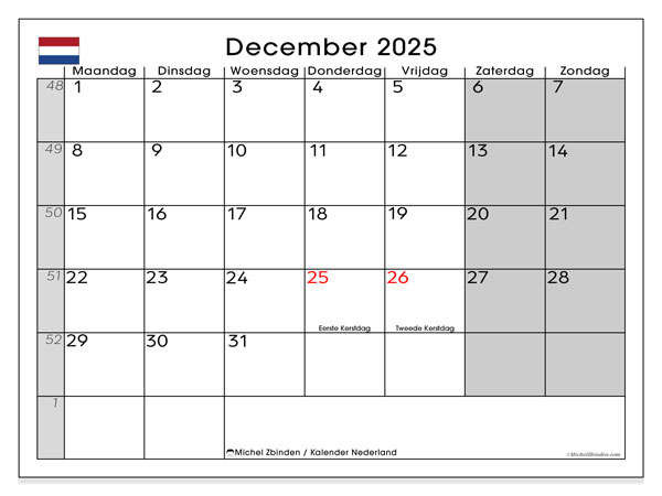 Kalender zum Ausdrucken, Dezember 2025, Niederlande