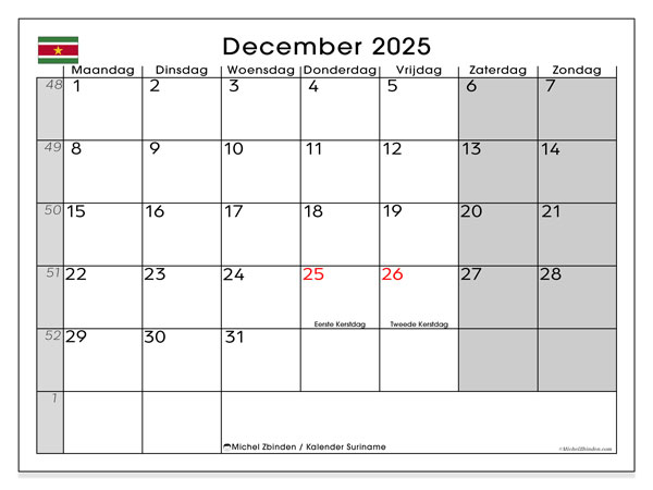 Kalender om af te drukken, december 2025, Suriname (MZ)