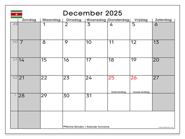Kalender om af te drukken, december 2025, Suriname (ZZ)