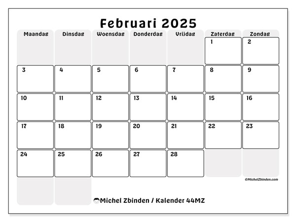Kalender februari 2025 “44”. Gratis printbaar schema.. Maandag tot zondag