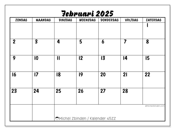 Kalender februari 2025 “45”. Gratis printbare kaart.. Zondag tot zaterdag