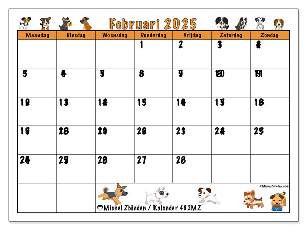 Kalender februari 2025 “482”. Gratis printbaar schema.. Maandag tot zondag