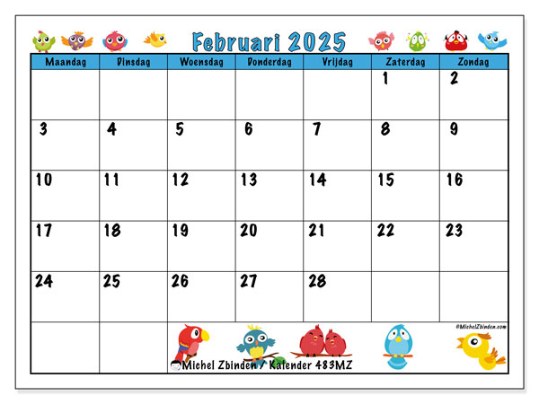Kalender februari 2025 “483”. Gratis printbare kaart.. Maandag tot zondag
