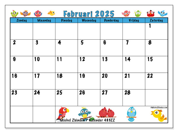Kalender februari 2025 “483”. Gratis printbare kaart.. Zondag tot zaterdag