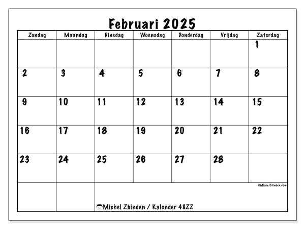 Kalender februari 2025, 48ZZ. Gratis printbare kaart.
