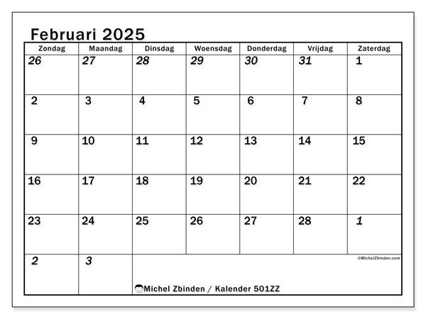 Kalender februari 2025 “501”. Gratis af te drukken agenda.. Zondag tot zaterdag
