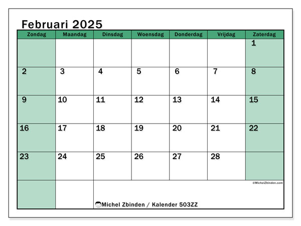 Kalender februari 2025 “503”. Gratis printbare kaart.. Zondag tot zaterdag