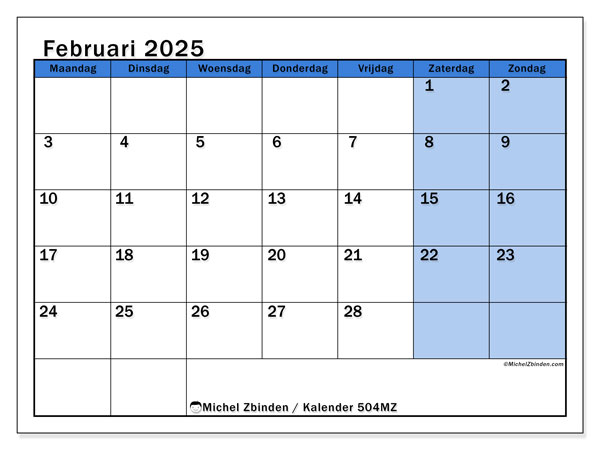 Kalender februari 2025 “504”. Gratis af te drukken agenda.. Maandag tot zondag