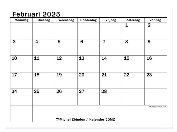 Kalender februari 2025 “50”. Gratis af te drukken agenda.. Maandag tot zondag