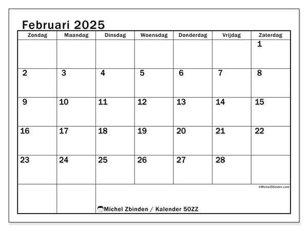Kalender februari 2025 “50”. Gratis af te drukken agenda.. Zondag tot zaterdag