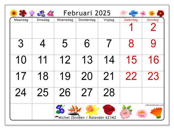 Kalender februari 2025 “621”. Gratis printbare kaart.. Maandag tot zondag