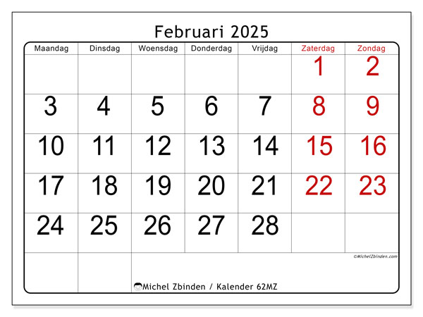 Kalender februari 2025 “62”. Gratis af te drukken agenda.. Maandag tot zondag