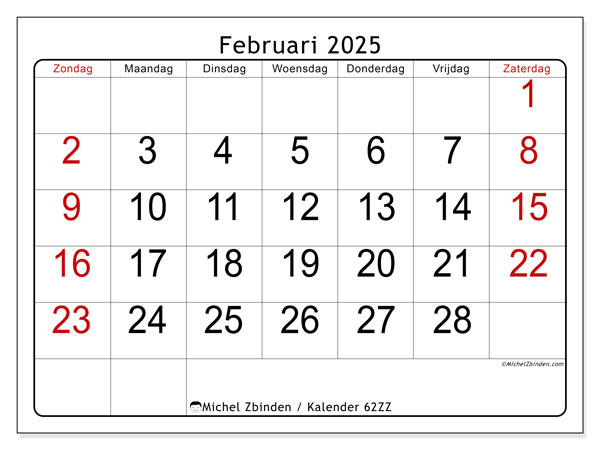 Kalender februari 2025 “62”. Gratis printbaar schema.. Zondag tot zaterdag