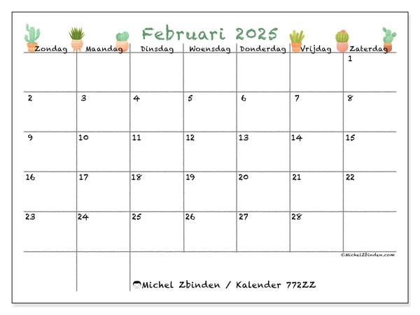 Kalender februari 2025 “772”. Gratis afdrukbaar programma.. Zondag tot zaterdag