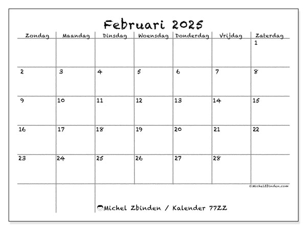 Kalender februari 2025 “77”. Gratis af te drukken agenda.. Zondag tot zaterdag