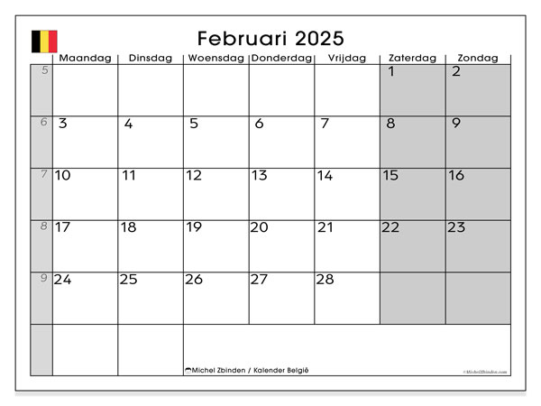 Tulostettava kalenteri, helmikuu 2025, Belgia (NL)