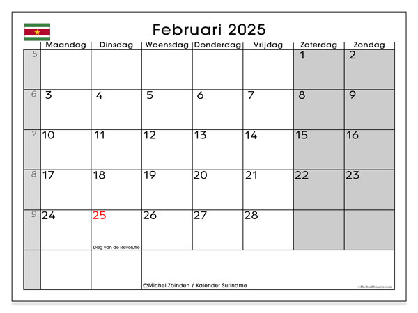 Kalender februari 2025 “Suriname”. Gratis af te drukken agenda.. Maandag tot zondag