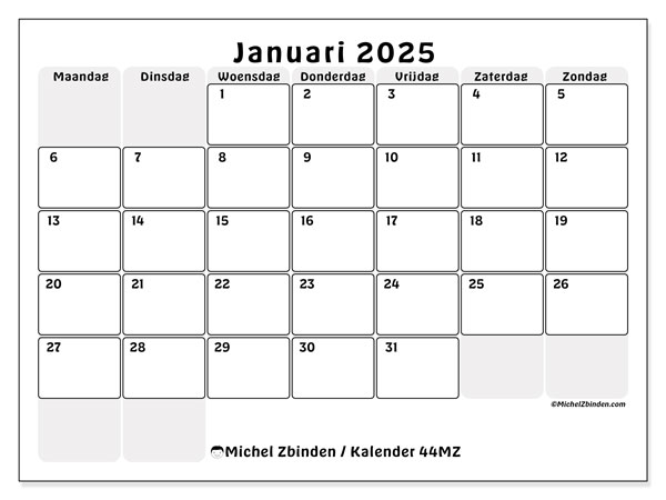 Kalender januari 2025 “44”. Gratis afdrukbaar programma.. Maandag tot zondag