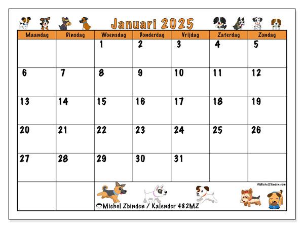 Kalender januari 2025 “482”. Gratis af te drukken agenda.. Maandag tot zondag