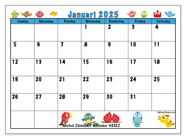 Kalender januari 2025 “483”. Gratis afdrukbaar programma.. Zondag tot zaterdag