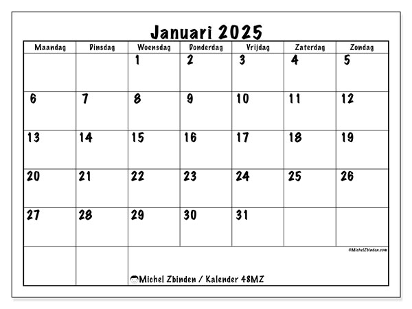 Kalender januari 2025, 48MZ. Gratis afdrukbaar programma.
