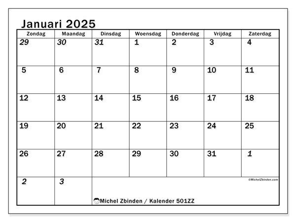 Kalender januari 2025, 501ZZ. Gratis afdrukbaar programma.
