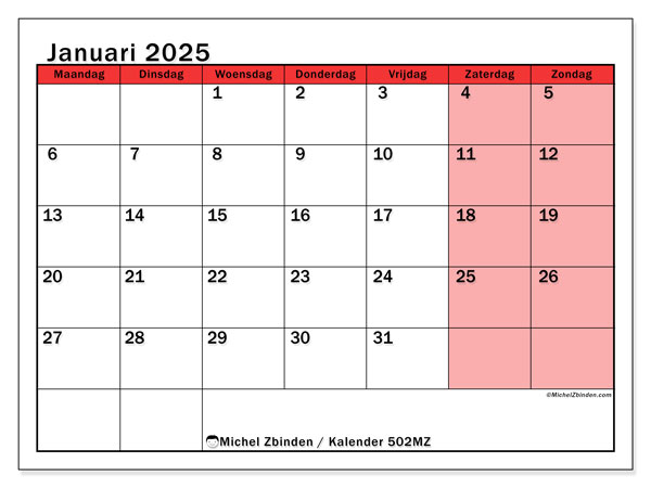Kalender januari 2025 “502”. Gratis af te drukken agenda.. Maandag tot zondag