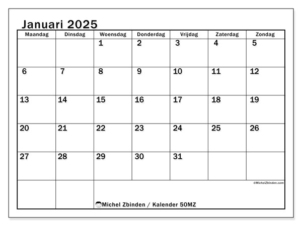 Kalender januari 2025, 50MZ. Gratis afdrukbaar programma.