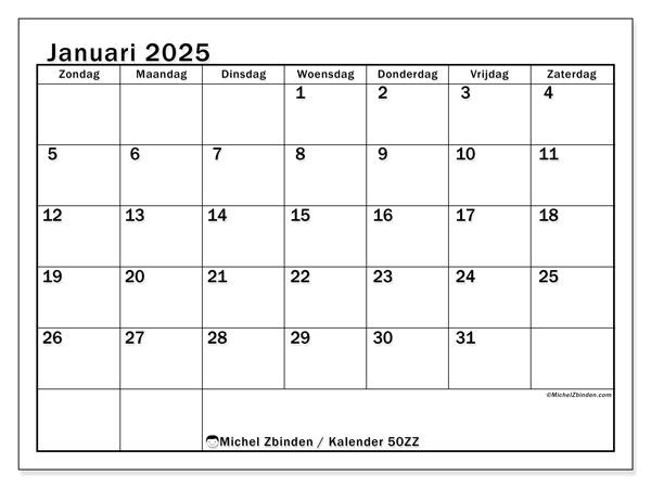 Kalender januari 2025 “50”. Gratis afdrukbaar programma.. Zondag tot zaterdag