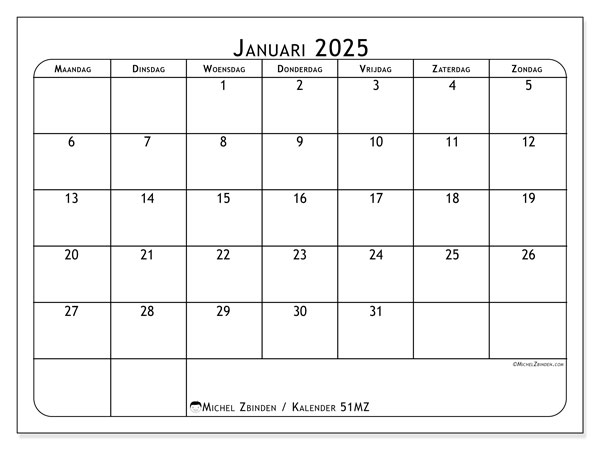 Kalender januari 2025 “51”. Gratis printbare kaart.. Maandag tot zondag