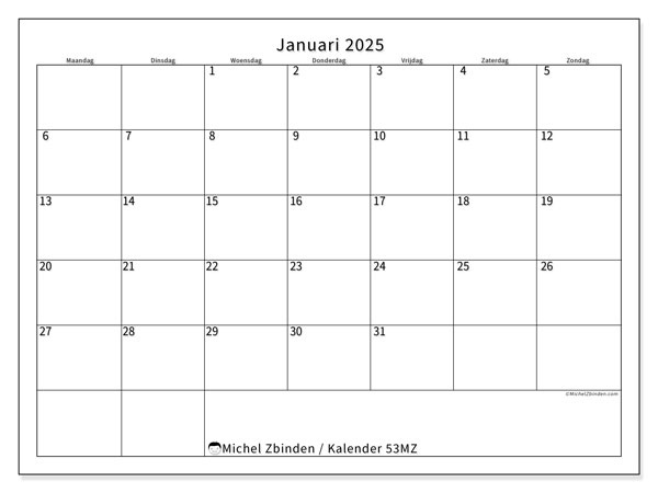 Kalender januari 2025 “53”. Gratis printbare kaart.. Maandag tot zondag