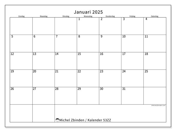 Kalender januari 2025 “53”. Gratis printbaar schema.. Zondag tot zaterdag