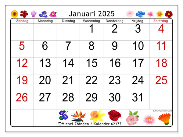 Kalender januari 2025 “621”. Gratis printbare kaart.. Zondag tot zaterdag