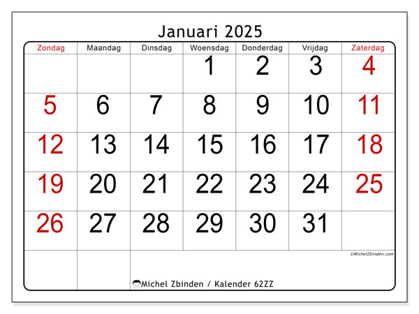 Kalender januari 2025, 62ZZ. Gratis af te drukken agenda.