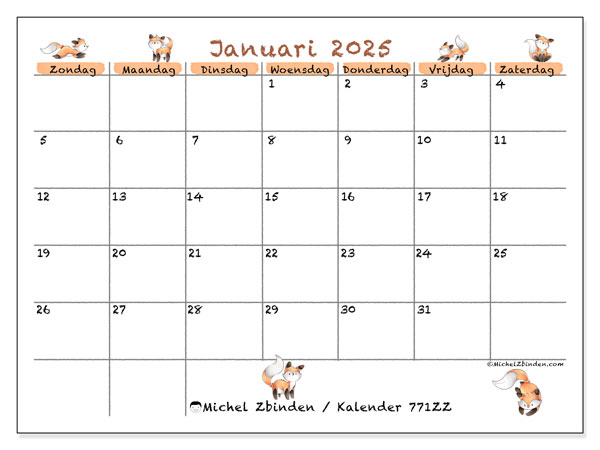 Kalender januari 2025 “771”. Gratis afdrukbare kalender.. Zondag tot zaterdag