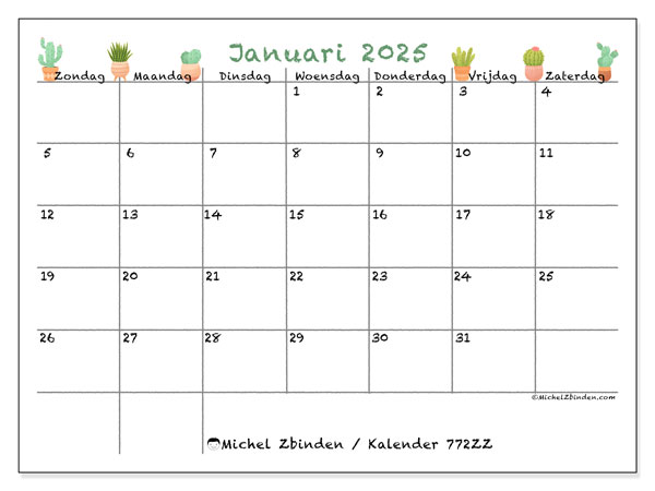 Kalender januari 2025 “772”. Gratis printbaar schema.. Zondag tot zaterdag