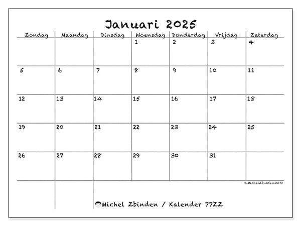 Kalender januari 2025, 77ZZ. Gratis afdrukbaar programma.