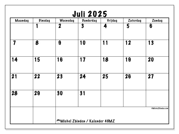 Kalender om af te drukken, juli 2025, 48MZ