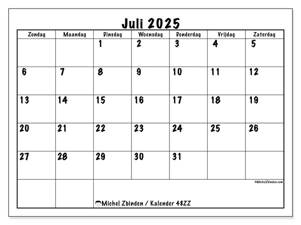 Kalender om af te drukken, juli 2025, 48ZZ