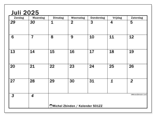 Kalender om af te drukken, juli 2025, 501ZZ