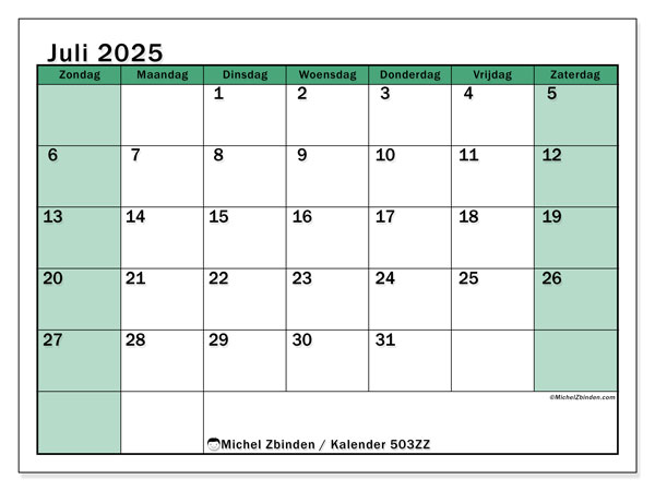 Kalender om af te drukken, juli 2025, 503ZZ