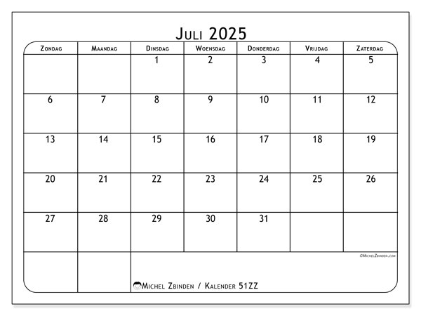 Kalender om af te drukken, juli 2025, 51ZZ